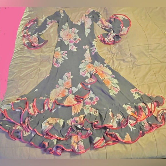 Slate & Magenta Floral Flamenco Dress Handmade in Spain-zipper,v-neck,longsleeve - Picture 16 of 16